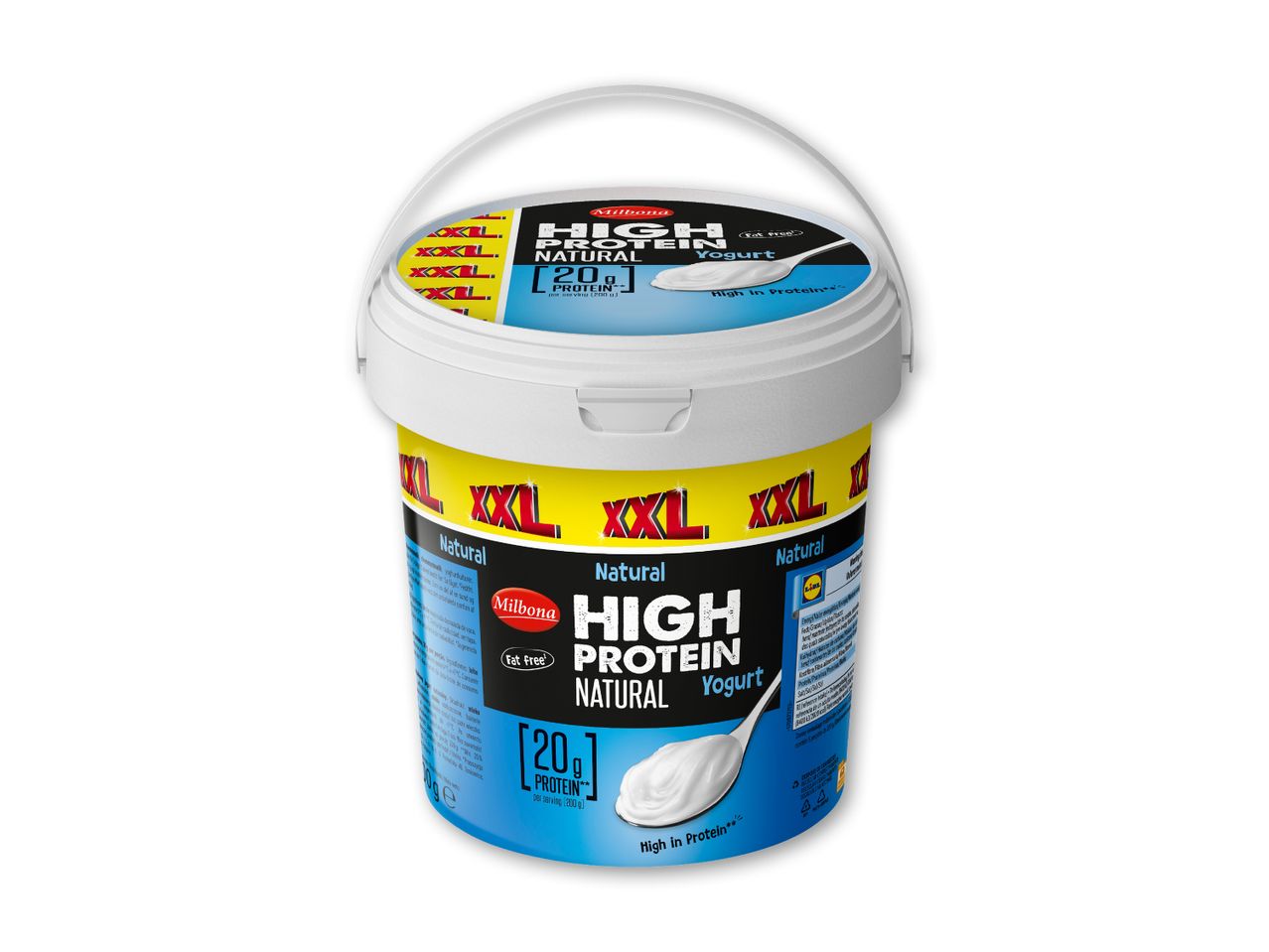 En stor spand naturlig fedtfri yoghurt med højt proteinindhold, der indeholder 20g protein pr. portion.