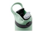 Close-up of a light green water bottle with a black and clear straw lid