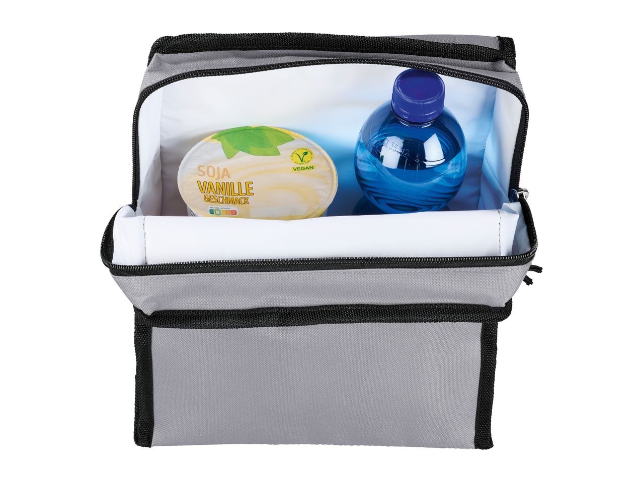 A gray insulated lunch bag with a black zipper contains a bottle of water and a vegan soy vanilla dessert.