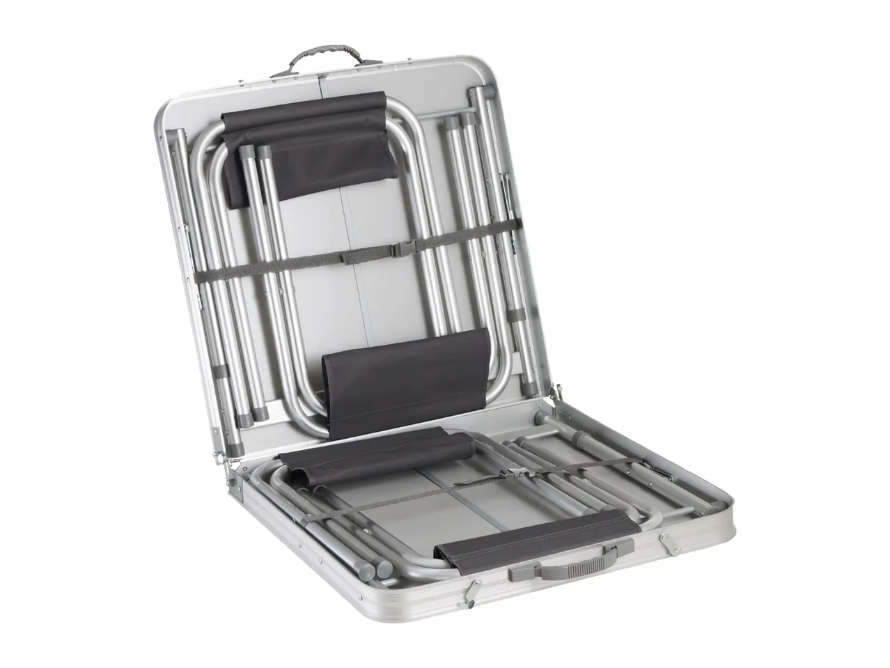 Open portable camping table with folded chairs inside, ready for transport.