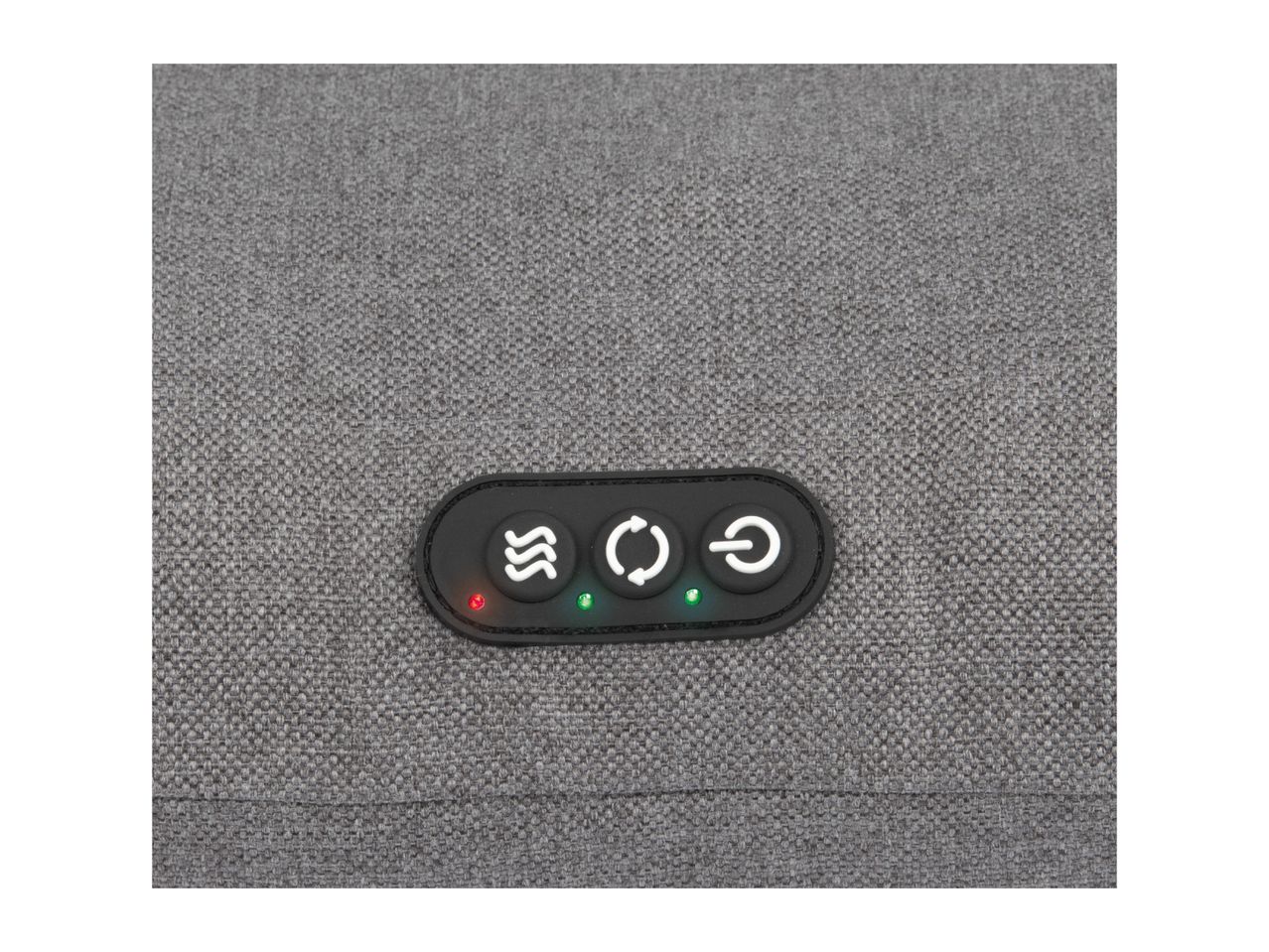 Close-up of a gray fabric surface with a black control panel featuring three buttons and indicator lights.