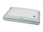 Light grey pet bed with a white textured top surface, black piping, and a paw print detail.
