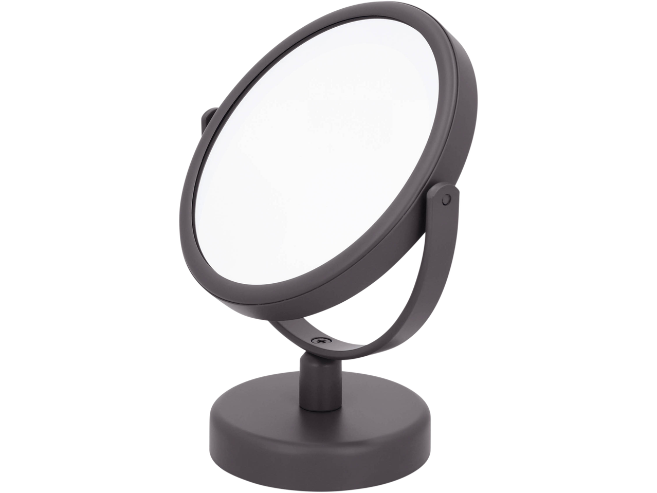 Round vanity mirror with a dark grey frame and stand, angled to the left.