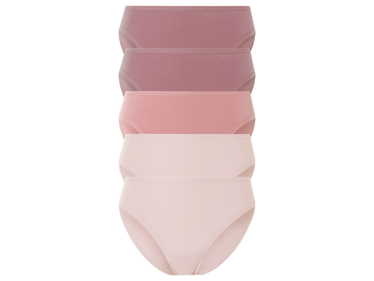 Комплект от пет дамски бикини в различни нюанси на розово.