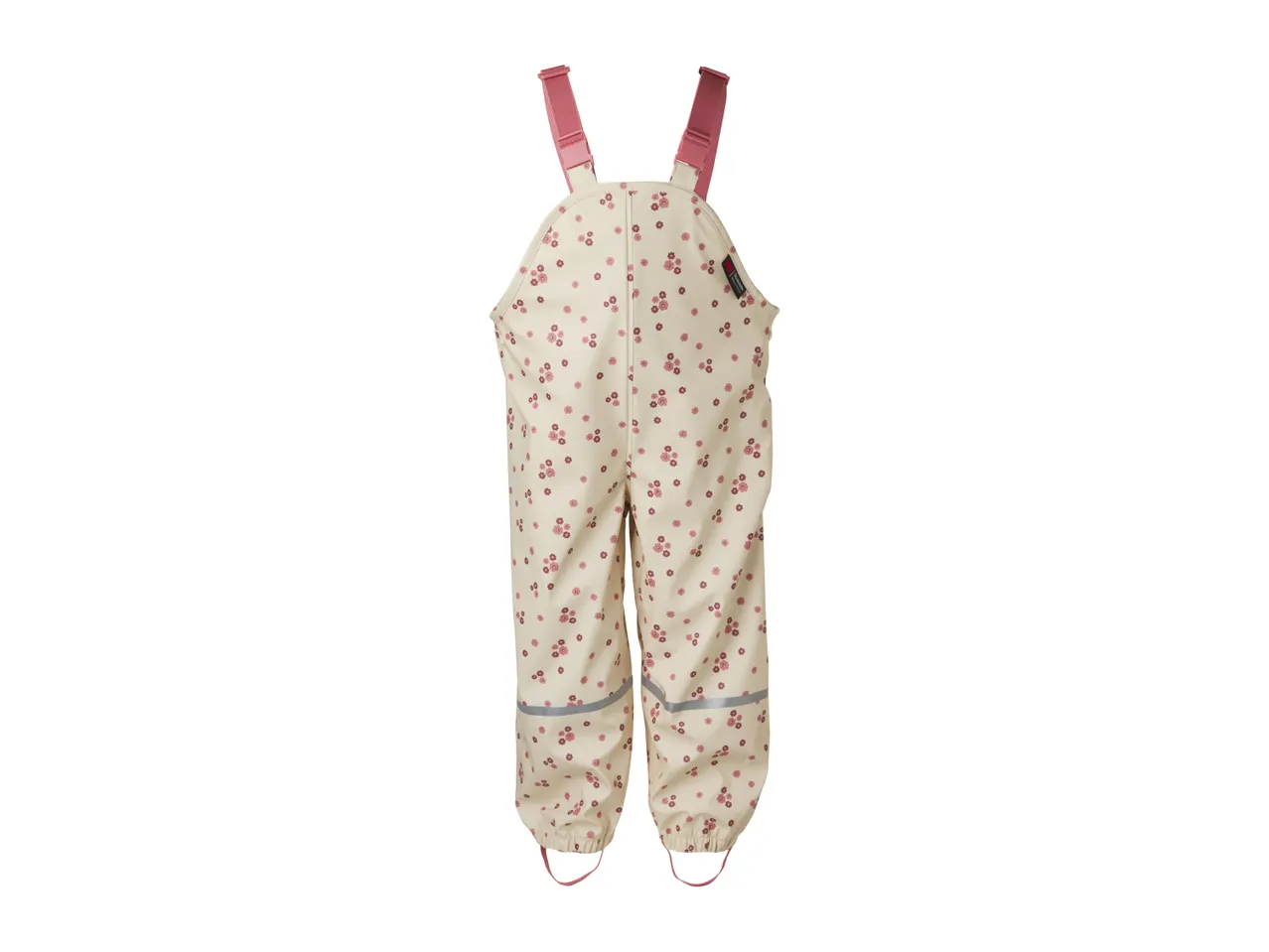 Children's cream-colored rain overalls with pink floral print and reflective stripes.