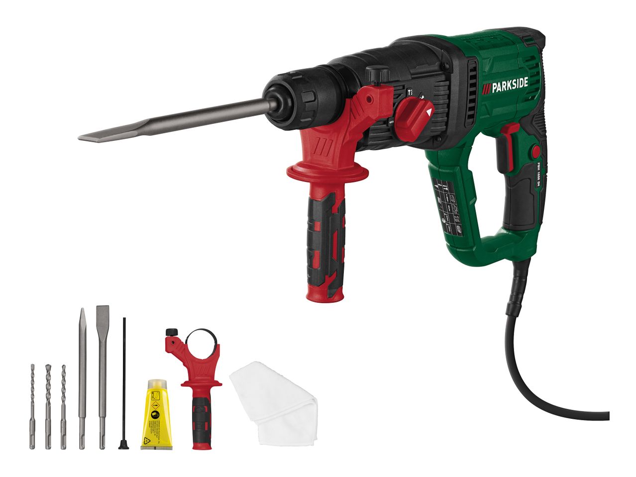 Bohrhammer mit Meißel, Bohrern, Fett, Tiefenanschlag und Tuch