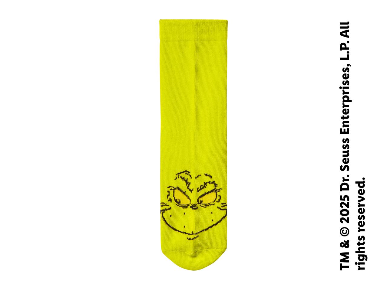 Grinch-themed yellow sock with a black outline of the Grinch's face.