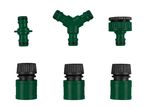 Green garden hose connectors, including a Y-splitter, tap connector, and hose end connectors.