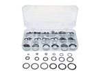 A clear plastic organizer box filled with various sizes of black O-rings, with more O-rings displayed below.