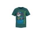 T-shirt infantil verde-azulado com um cachorro de desenho animado e o texto 'WE'VE GOT DINOS TO SAVE! PAW PATROL'