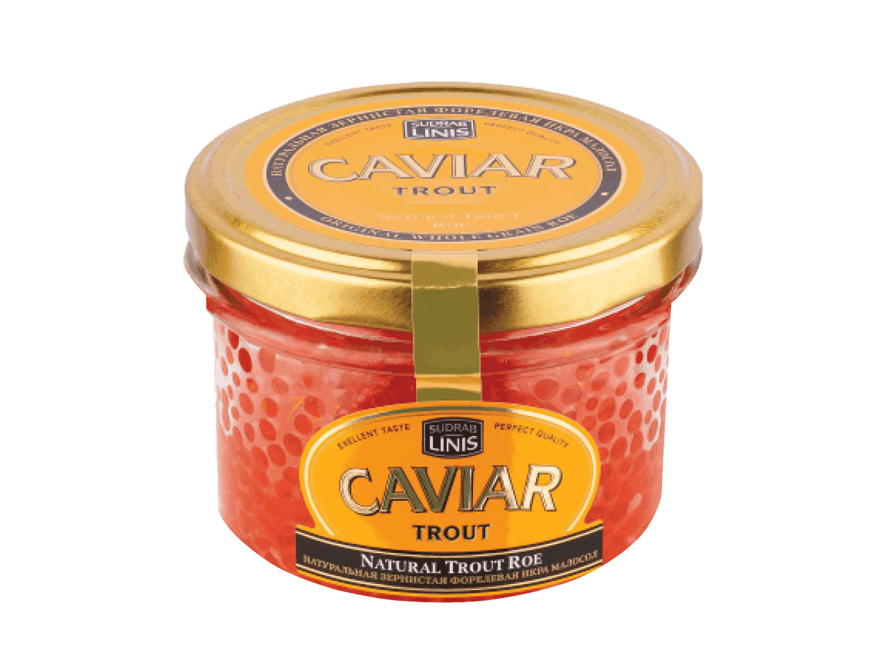 Stiklainis su „Sudrab Linis“ upėtakių ikrais.