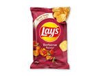 En pose barbecuechips med grøntsagsspyd og teksten 'Great Taste Less Salt'.