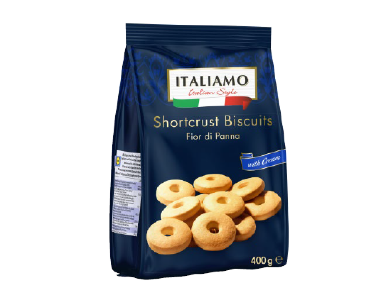 Biscoitos de massa quebrada com sabor a creme, embalagem azul escura com 400g.