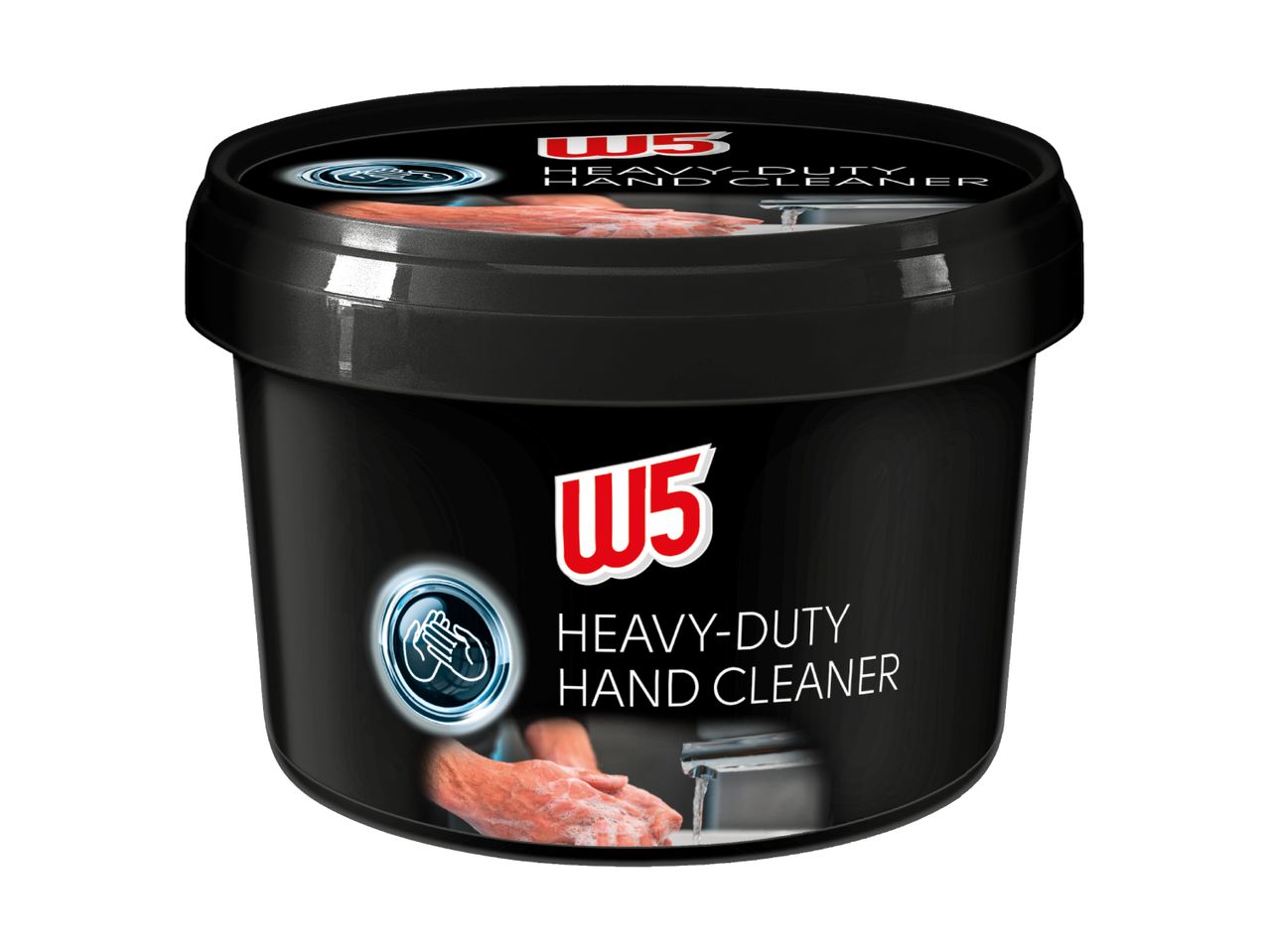 Sort beholder med W5 Heavy-Duty håndrens og billede af hænder, der vaskes.