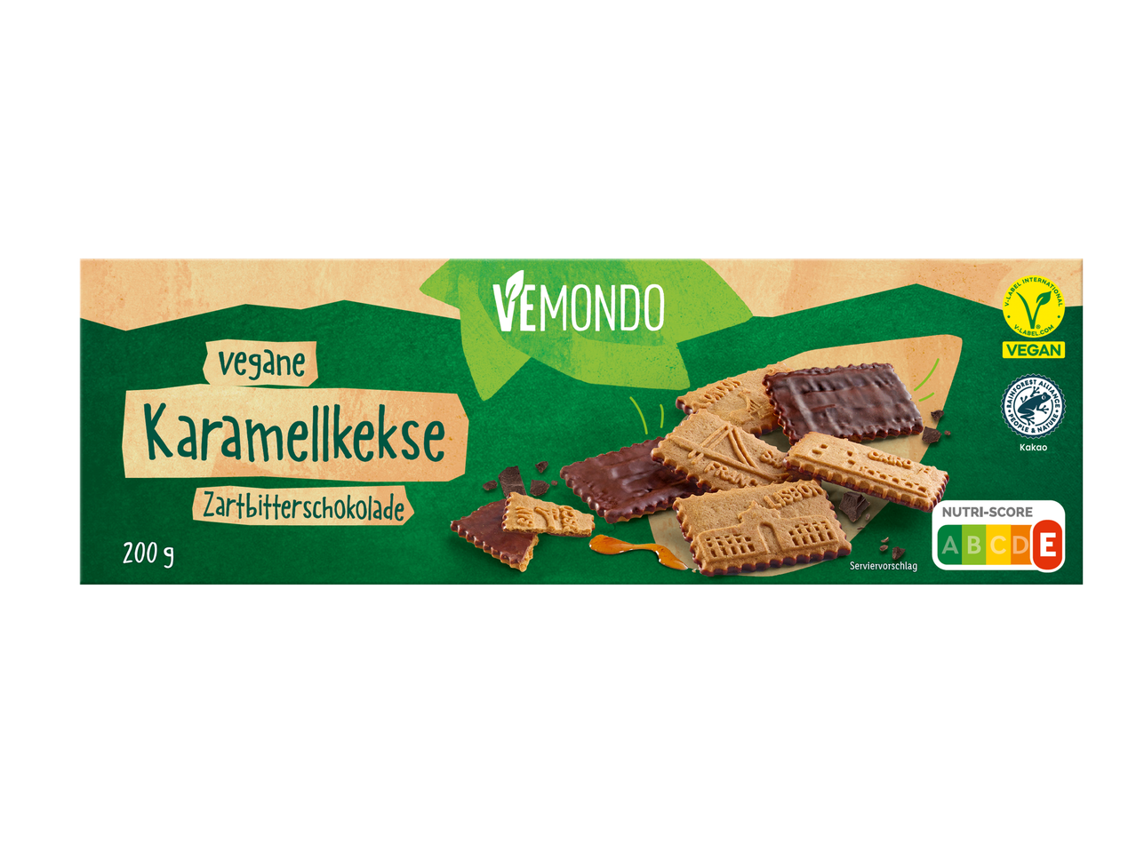 Vemondo vegane Karamellkekse mit Zartbitterschokolade.
