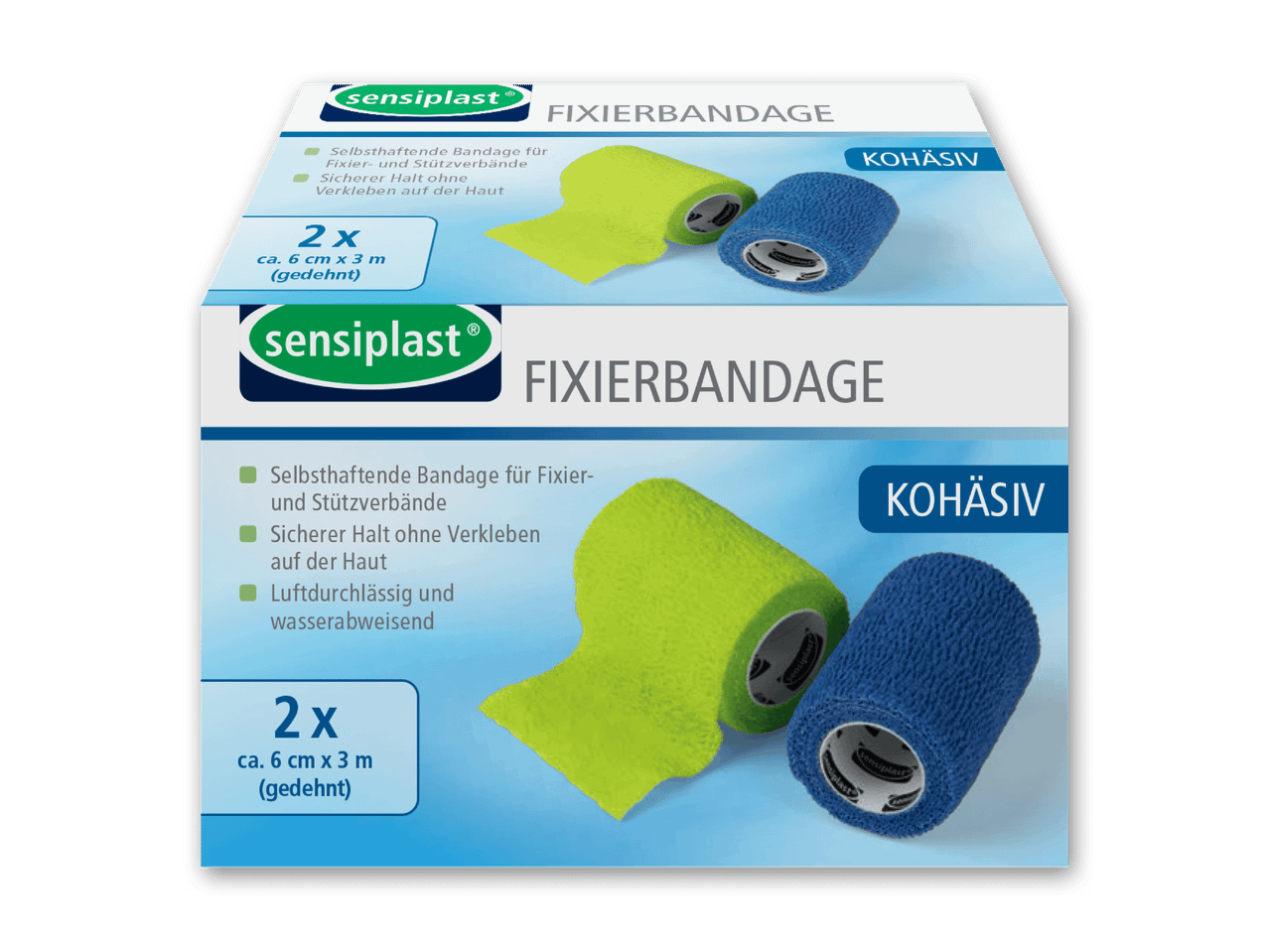 Zwei Packungen Sensiplast Fixierbandagen in Grün und Blau.