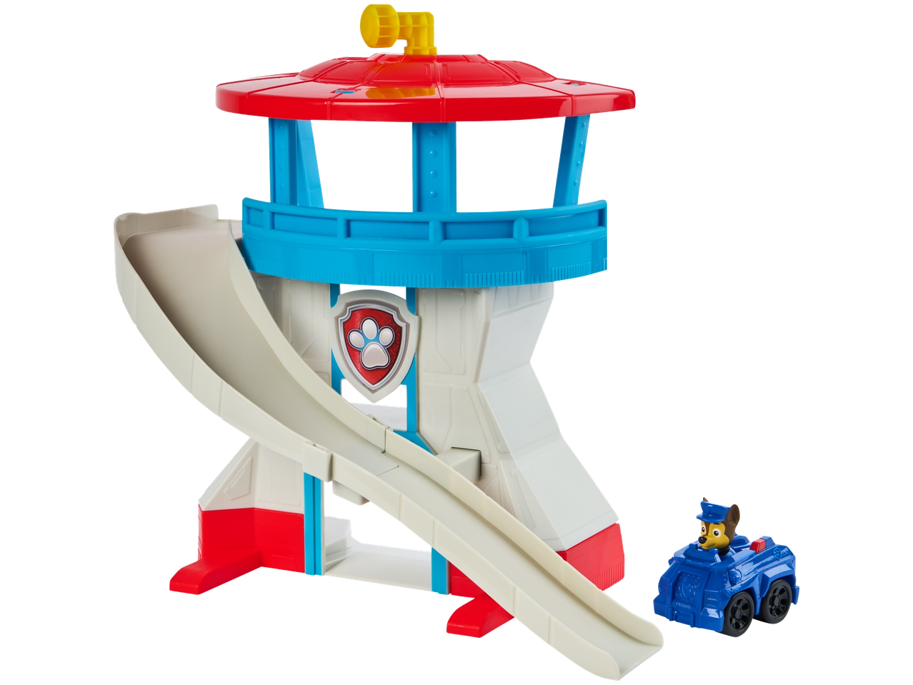 Paw Patrol apžvalgos bokštas su Chase figūrėle ir transporto priemone.