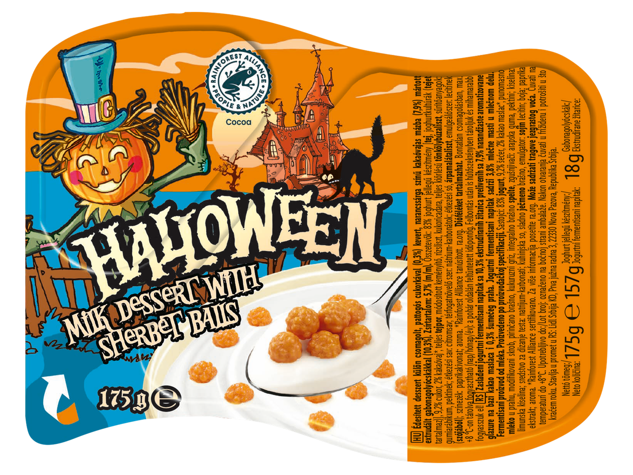 Halloween-i tejes desszert narancssárga színű kakaóvajas golyókkal.