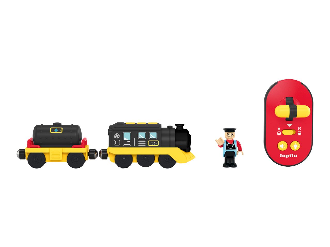 Toy train set with locomotive, tanker car, conductor figure, and remote control.