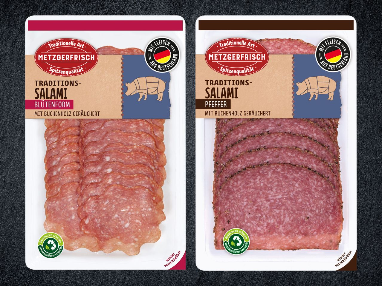 Metzgerfrisch Traditions-Salami: Blütenform und Pfeffer, Buchenholz geräuchert.