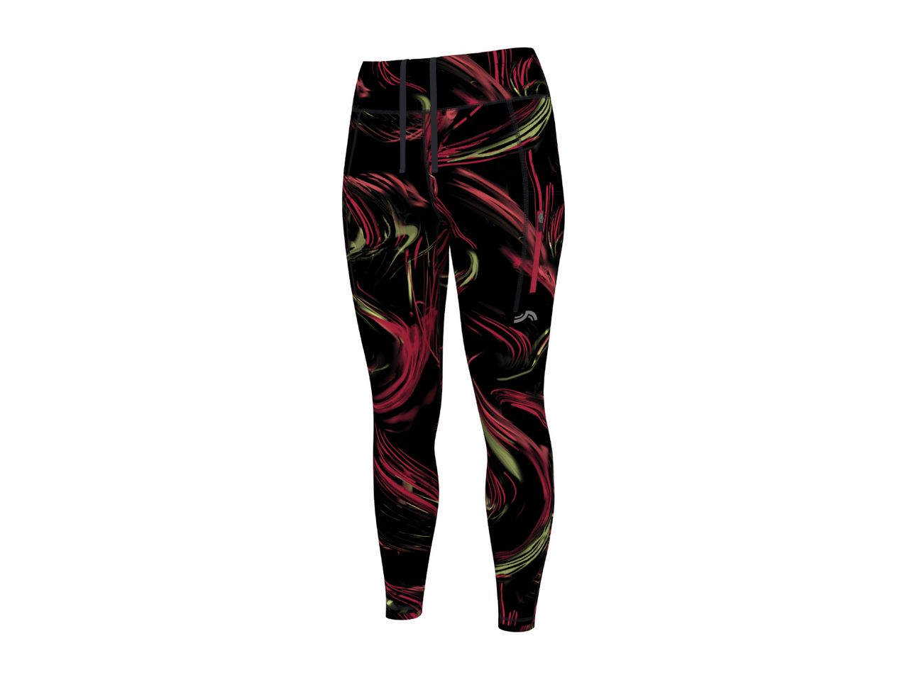 Black leggings with red and yellow abstract swirl pattern
