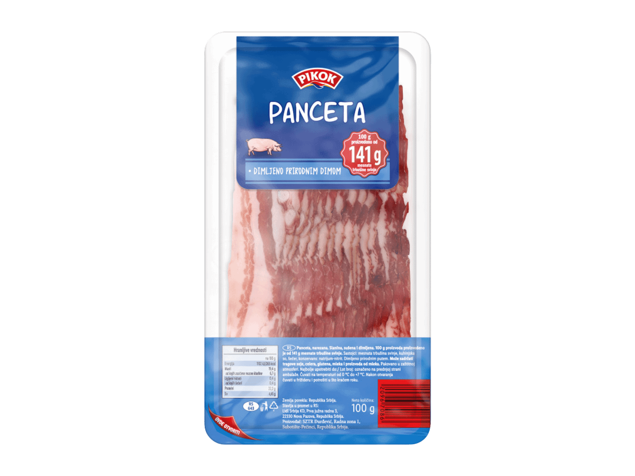 Pakovanje dimljene pančete sa informacijama o hranljivim vrednostima i poreklu.