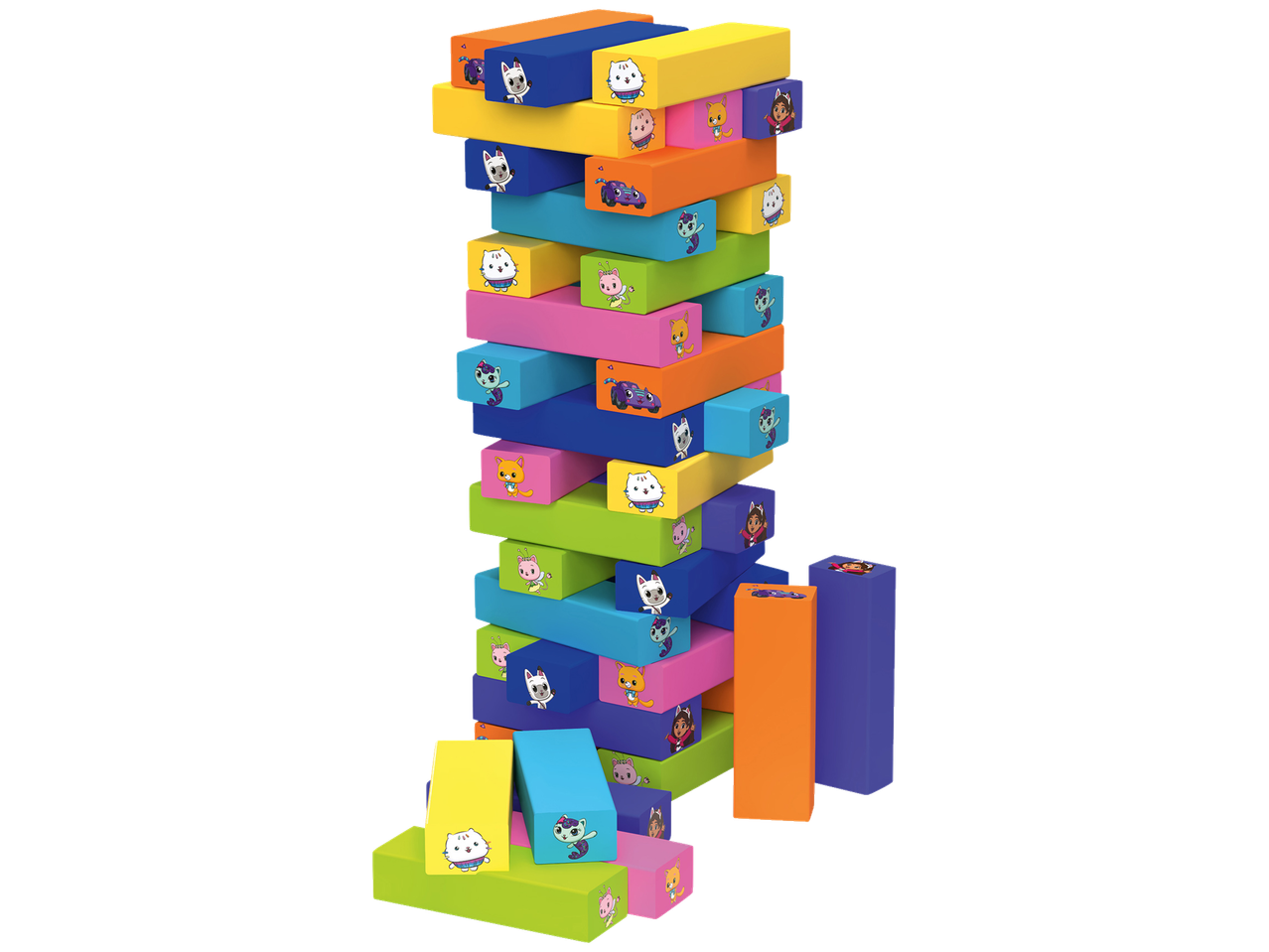 A tall, colorful tower of wooden blocks with cartoon cat characters, some blocks are scattered at the base.