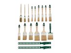A set of various paintbrushes, including round, flat, and block brushes, with two paint can openers.