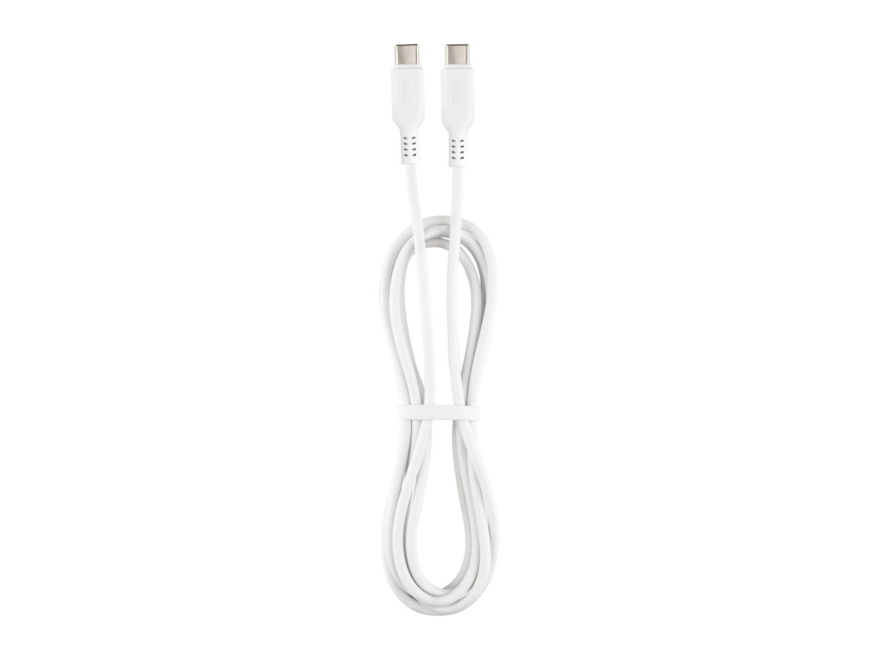 White USB-C to USB-C charging and data cable, coiled and secured with a strap.