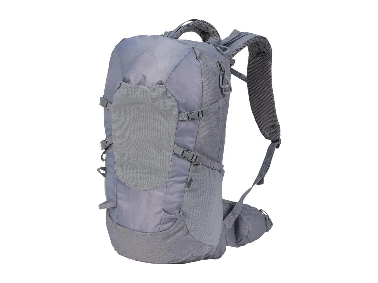 Light grey hiking backpack with mesh shoulder straps and side compression straps.
