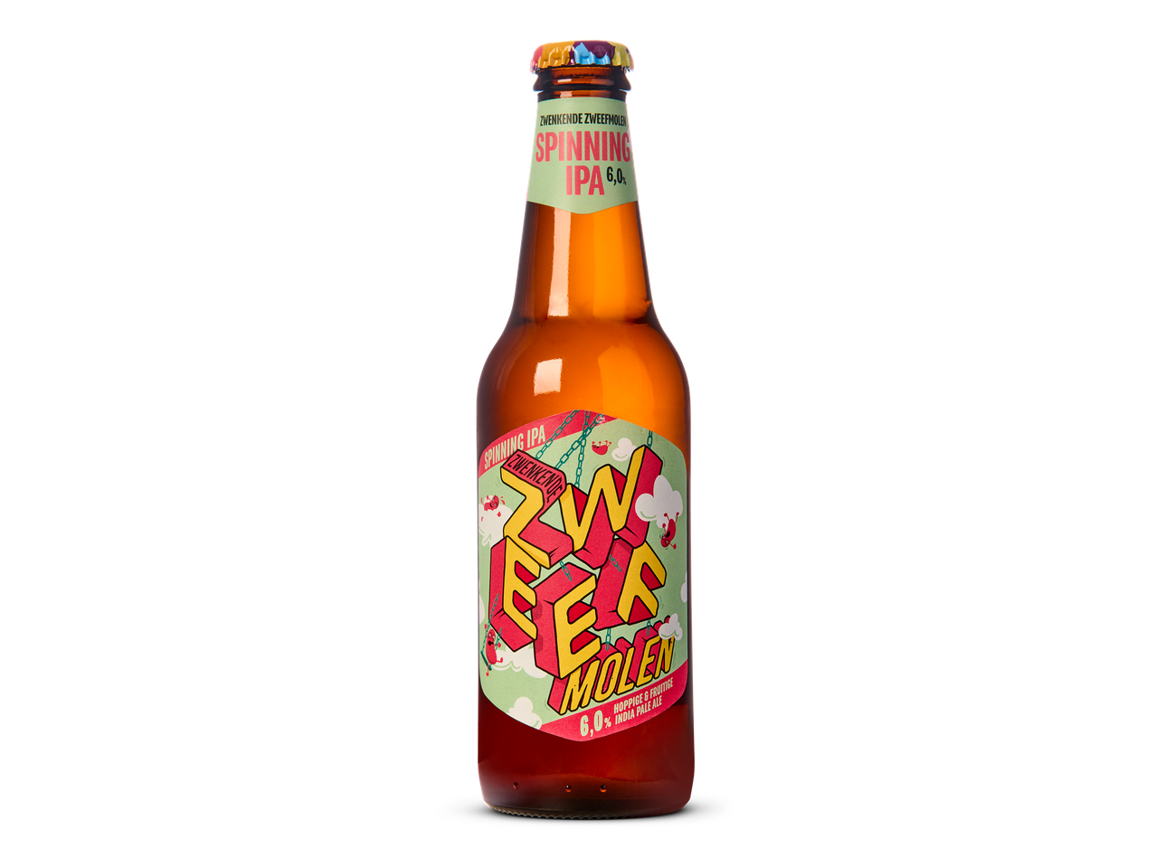 Fles India Pale Ale met een kleurrijk etiket met de tekst 'Spinning IPA 6,0%'.