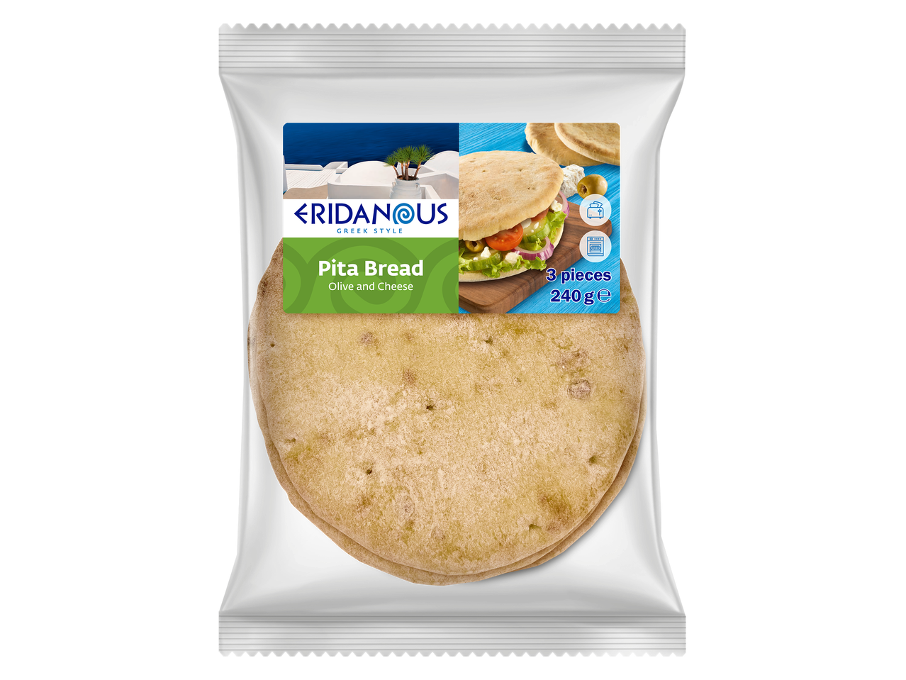 Paquet de pain pita de style grec, saveur olive et fromage, 3 pièces, 240g.