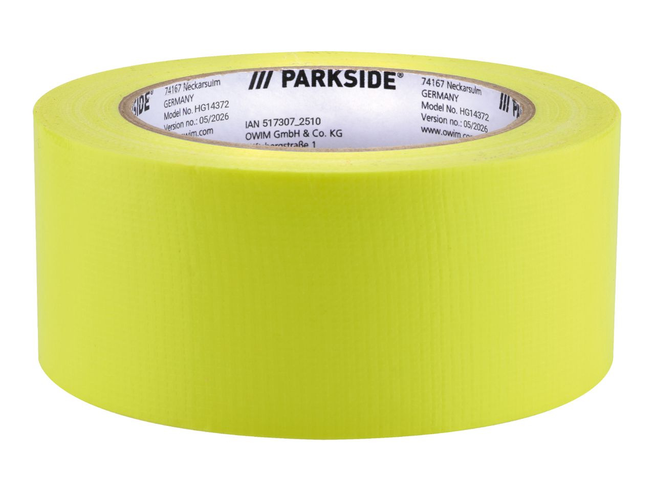 Yellow duct tape with product information on the inner core.