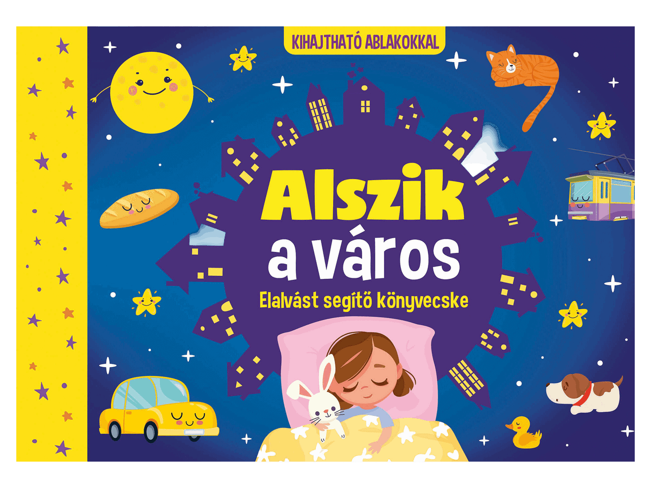Alszik a város című, elalvást segítő mesekönyv kihajtható ablakokkal.