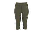 Khaki green women's cropped sports leggings with a drawstring waist and a side zip pocket.