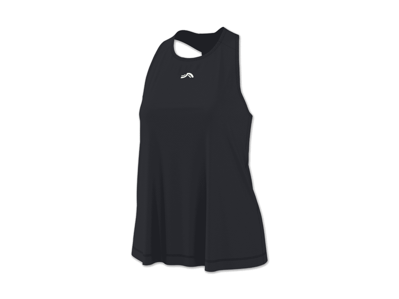 Dunkelgraues ärmelloses Sporttop mit weißem Logo auf der Brust.