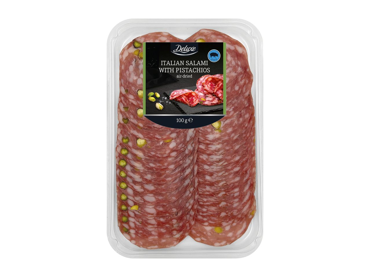 Sliced Italian salami with pistachios in a clear plastic package, 100g.