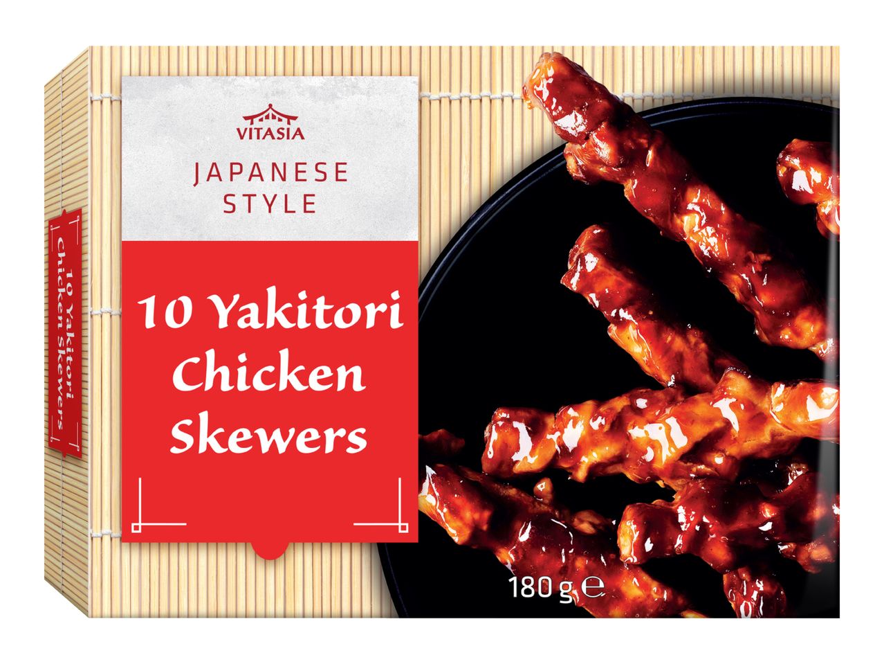 Japanese style yakitori chicken skewers, 10 pieces, 180g.