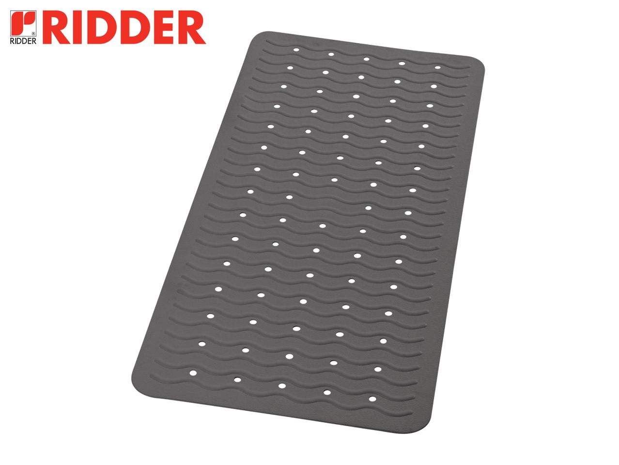 A gray bath mat with a wavy texture and small holes, featuring the Ridder logo.