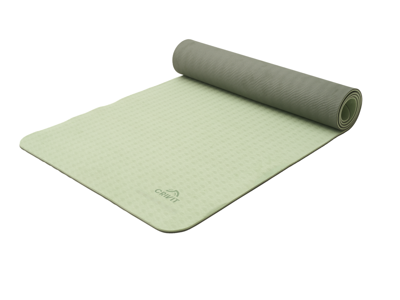 Разгъната постелка за йога в светлозелен цвят с навита част в горния десен ъгъл.