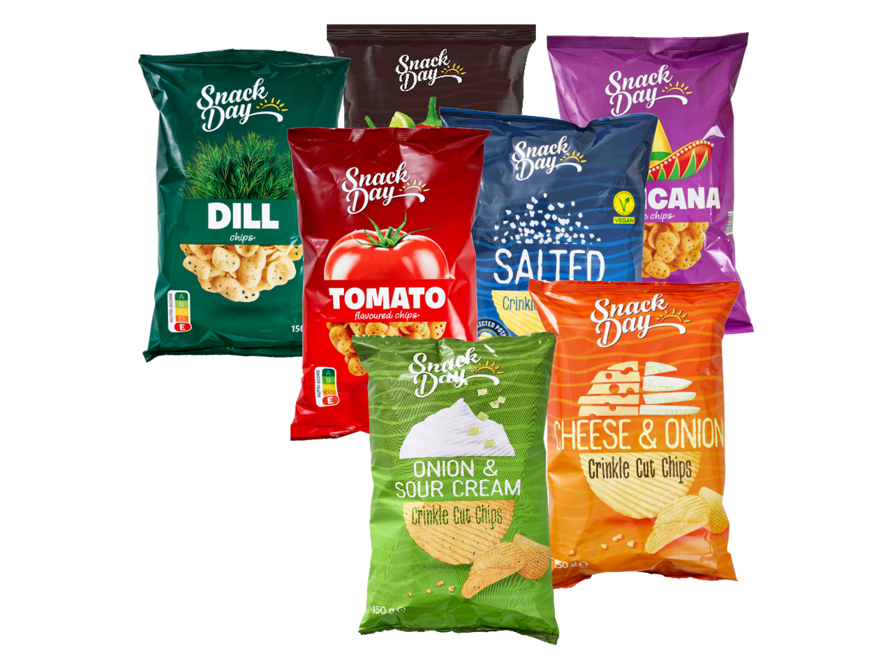 Erinevad Snack Day krõpsupakid, sealhulgas tilli, tomati, soolatud, juustu ja sibula, sibula ja hapukoore ning Mehhiko maitsed.