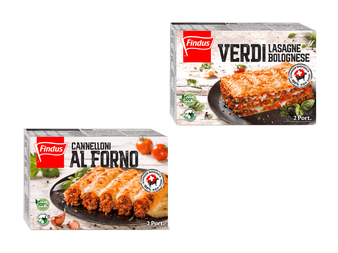 Zwei Packungen Lasagne und Cannelloni al Forno, mit natürlichen Zutaten und Schweizer Rindfleisch.