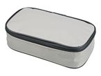 Light grey rectangular lunch bag with a black zipper and trim.