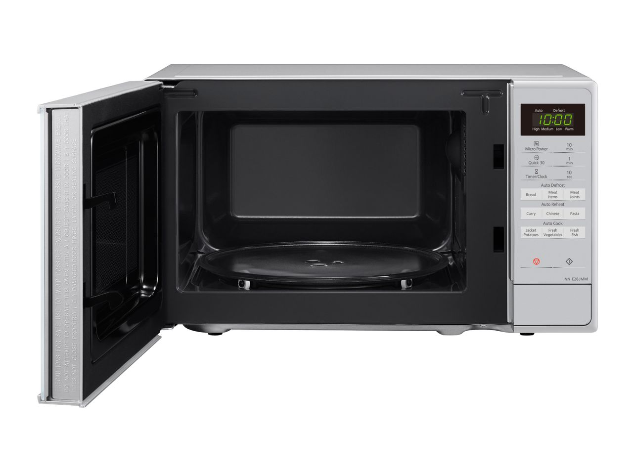 A silver Samsung microwave oven with its door open.
