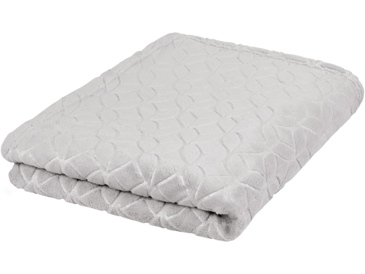 Light gray plush blanket with an embossed leaf pattern, folded neatly.