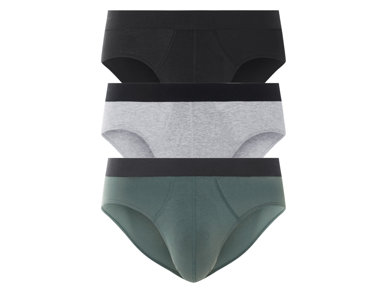 Три мъжки слипове в черно, сиво и зелено, подредени един върху друг.