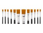 A row of twelve flat-tipped paintbrushes with orange bristles and black handles.