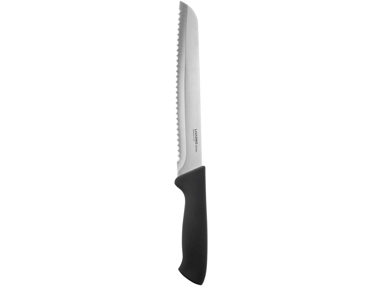 A serrated bread knife with a black handle and a stainless steel blade.