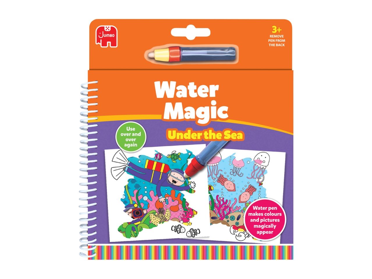 A spiral-bound Water Magic coloring book featuring an underwater theme, complete with a water pen.