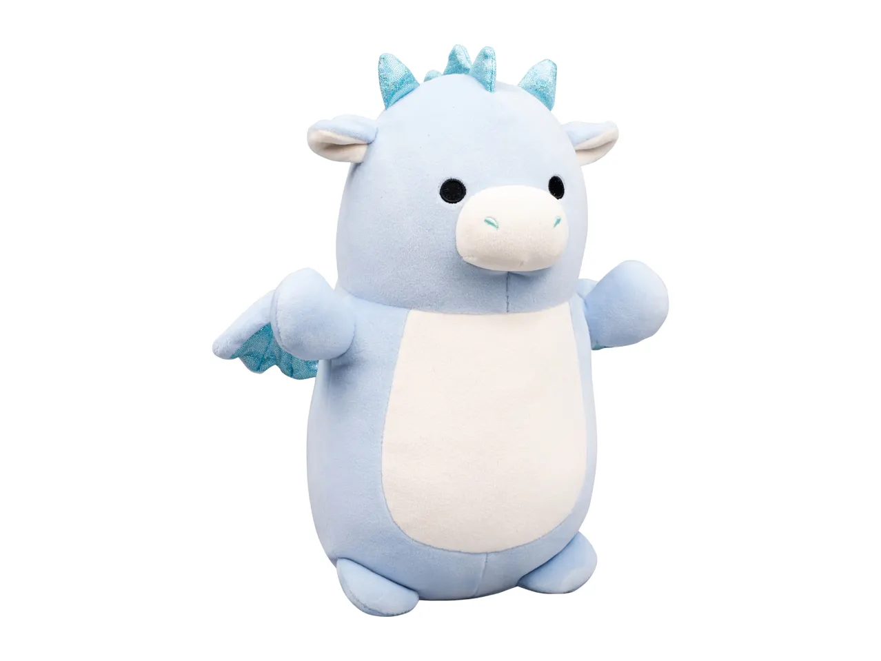 Light blue dragon plush toy with white belly and sparkly blue accents